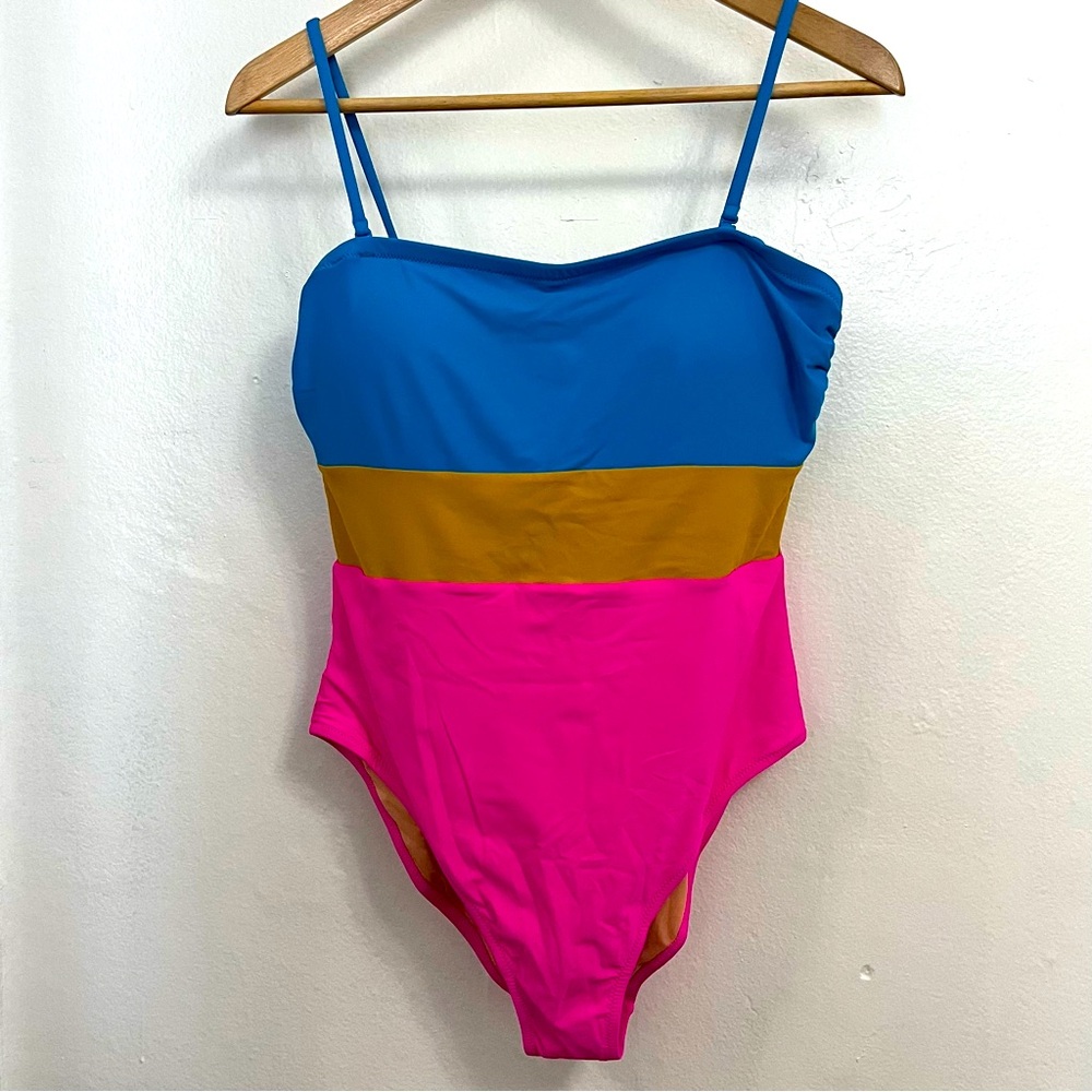 J.Crew Color-Blocked Bandeau Tank Fuchsia Multi Swimsuit Sz 10